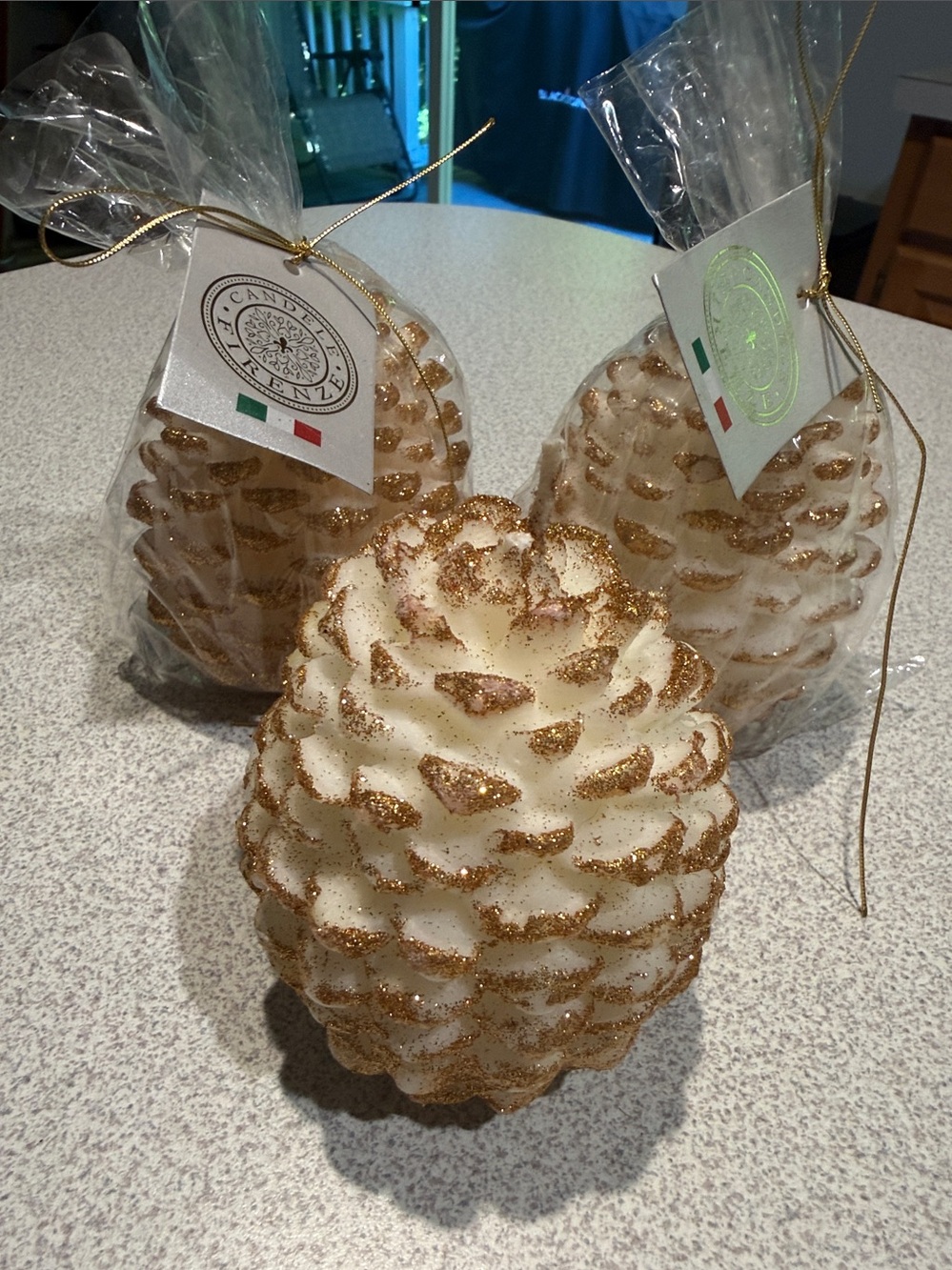 Set of 3 Candele Firenze Gold Glitter Pinecone Candle - Unscented